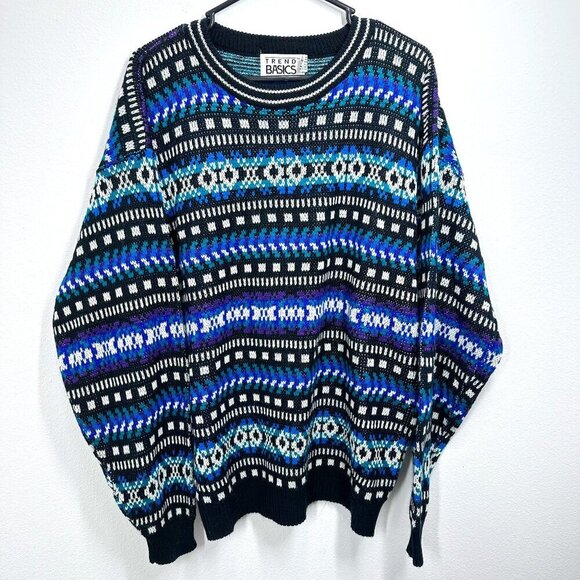 Vintage Geometric Grandpa Sweater Teal White Black Geometric Eclectic Size Large - Picture 1 of 7